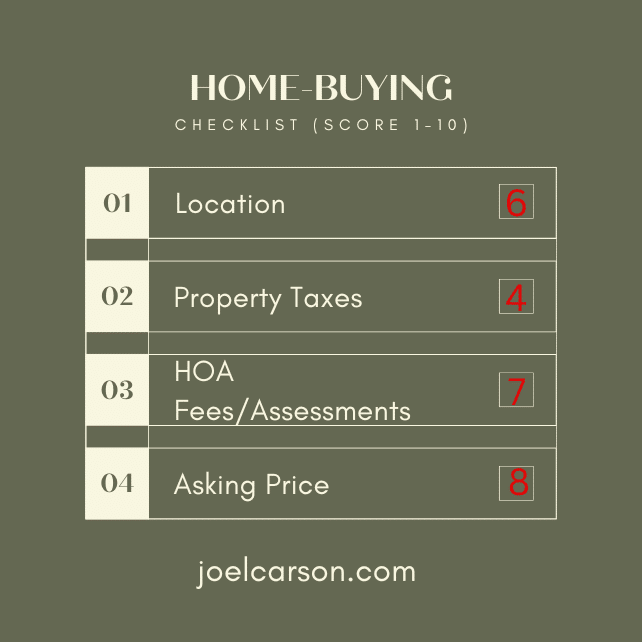 A checklist with the words, Home Buying on it and a list of possible considerations including Location, Property Taxes, HOA Fees & Assessments, and the Asking Price