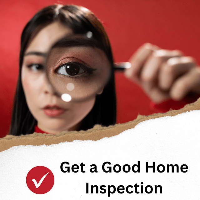 A woman looking through a magnifying glass on a red background with the words: Get a Good Home Inspection
